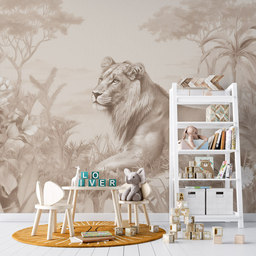 Papier peint lionceau savane sépia