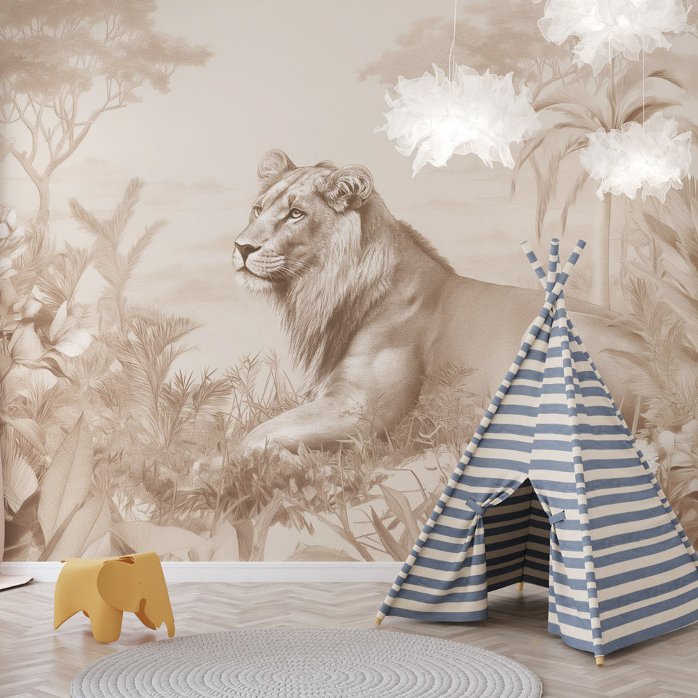 Papier peint lionceau savane sépia