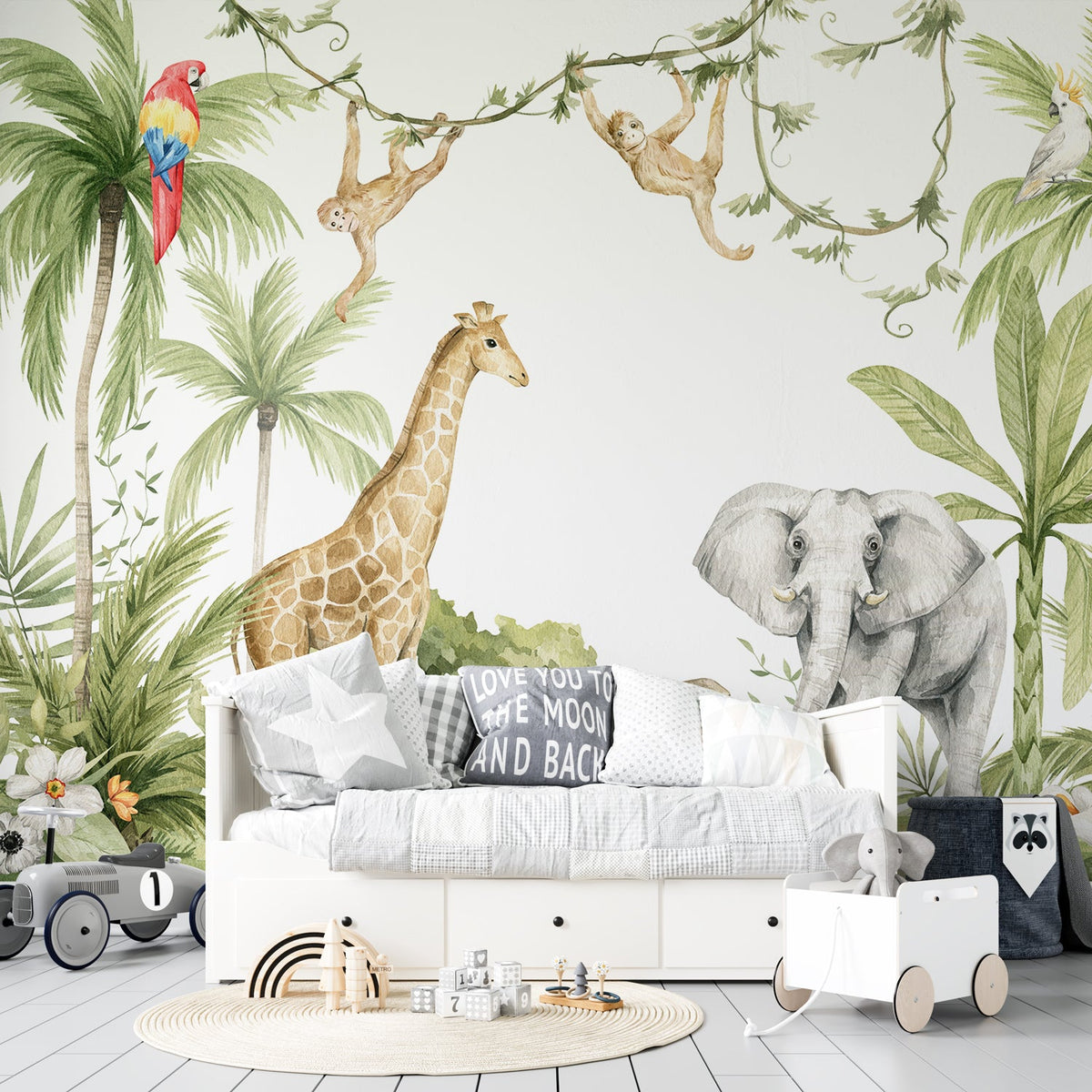 Papier peint jungle enfant girafe et éléphant
