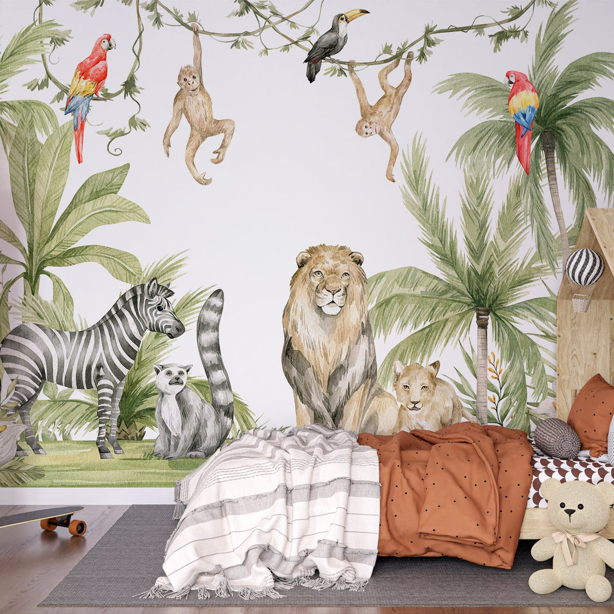 Papier peint jungle enfant zèbre lion singe