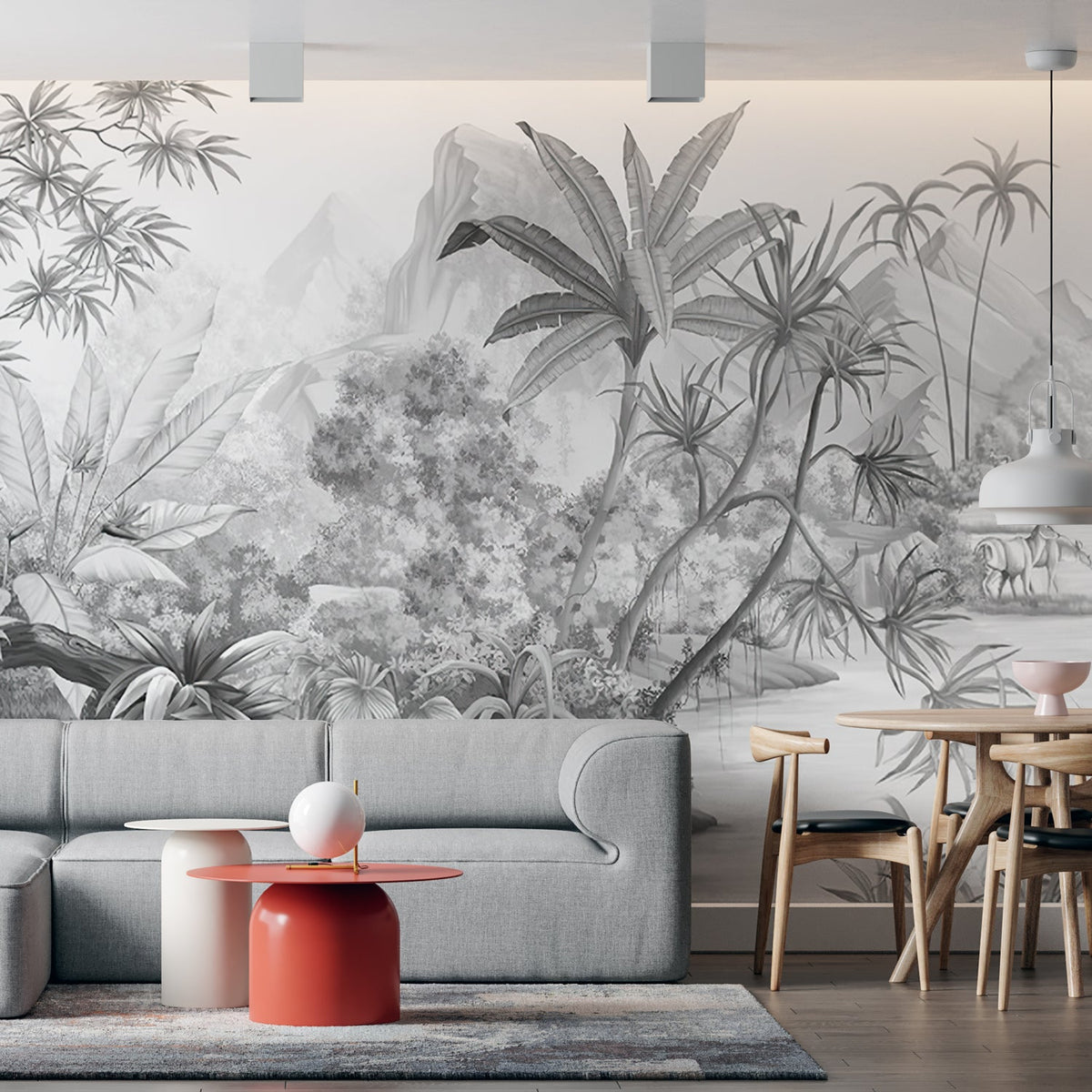 Papier peint jungle noir et blanc montagneuse