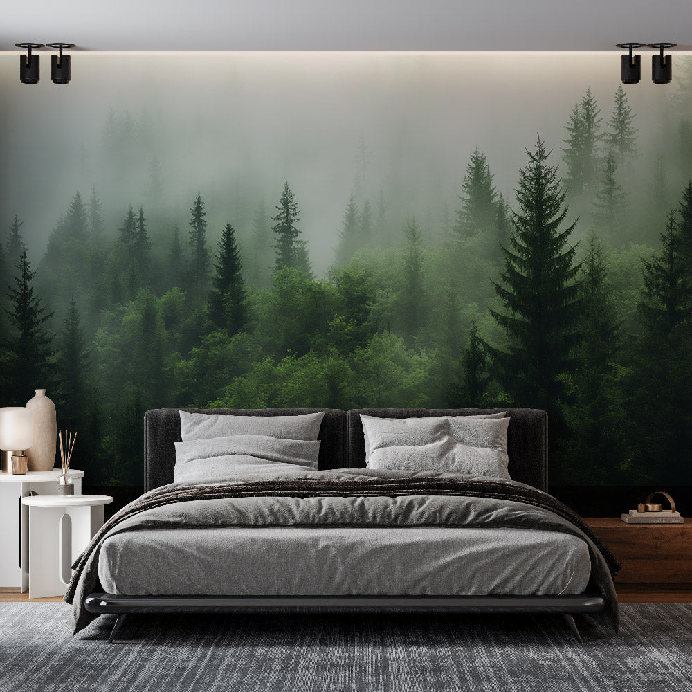 Papier peint sapin forêt nordique brume
