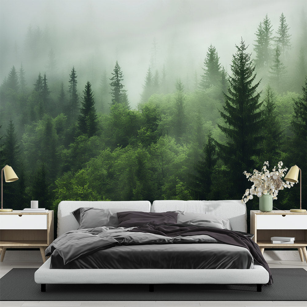 Papier peint sapin forêt nordique brume