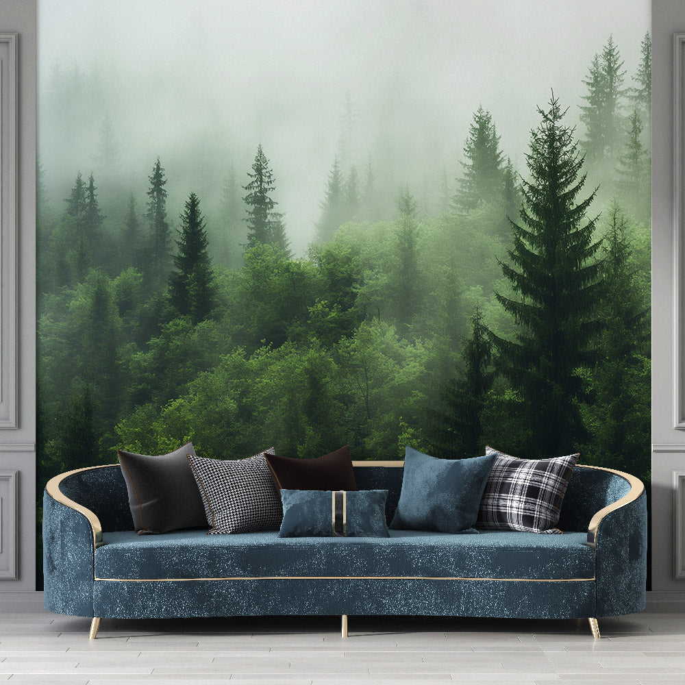 Papier peint sapin forêt nordique brume