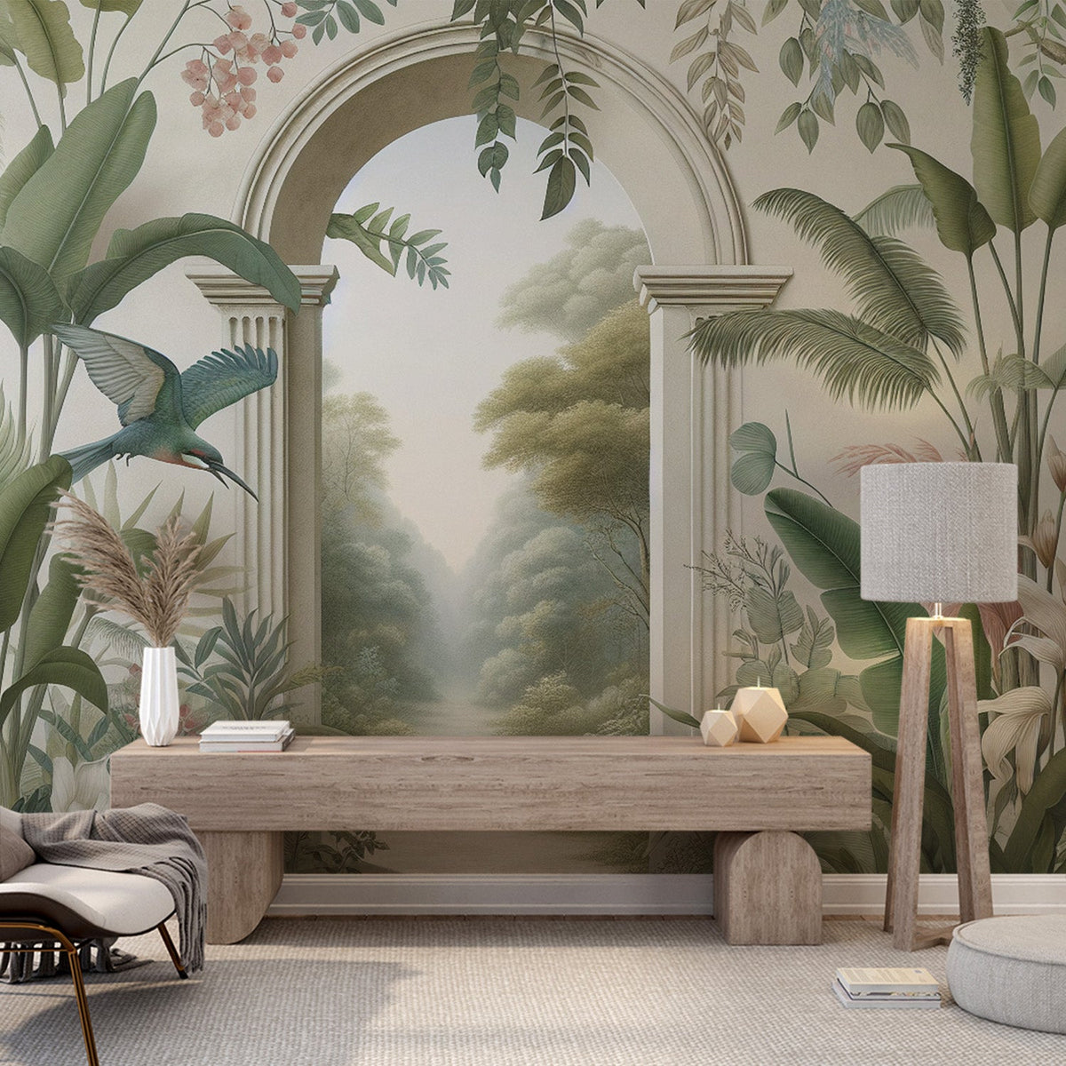 Papier peint trompe-l'œil arche forêt tropicale