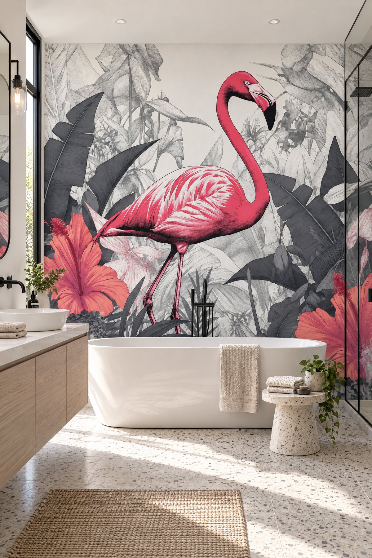 Papier peint flamant rose | Fond noir et blanc