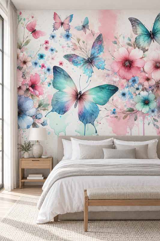 Papier peint papillon | Aquarelle fleurs bleues, roses et vertes