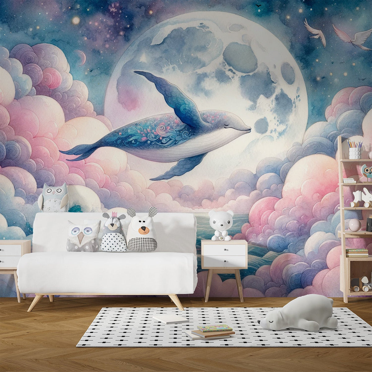 Papier peint baleine nuage rose et pleine lune