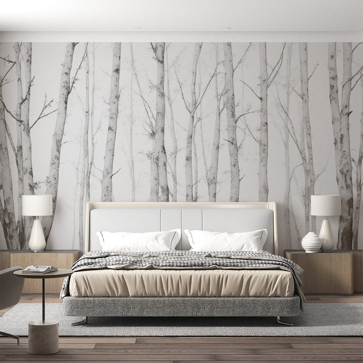 Papier peint bouleau forêt noir et blanc