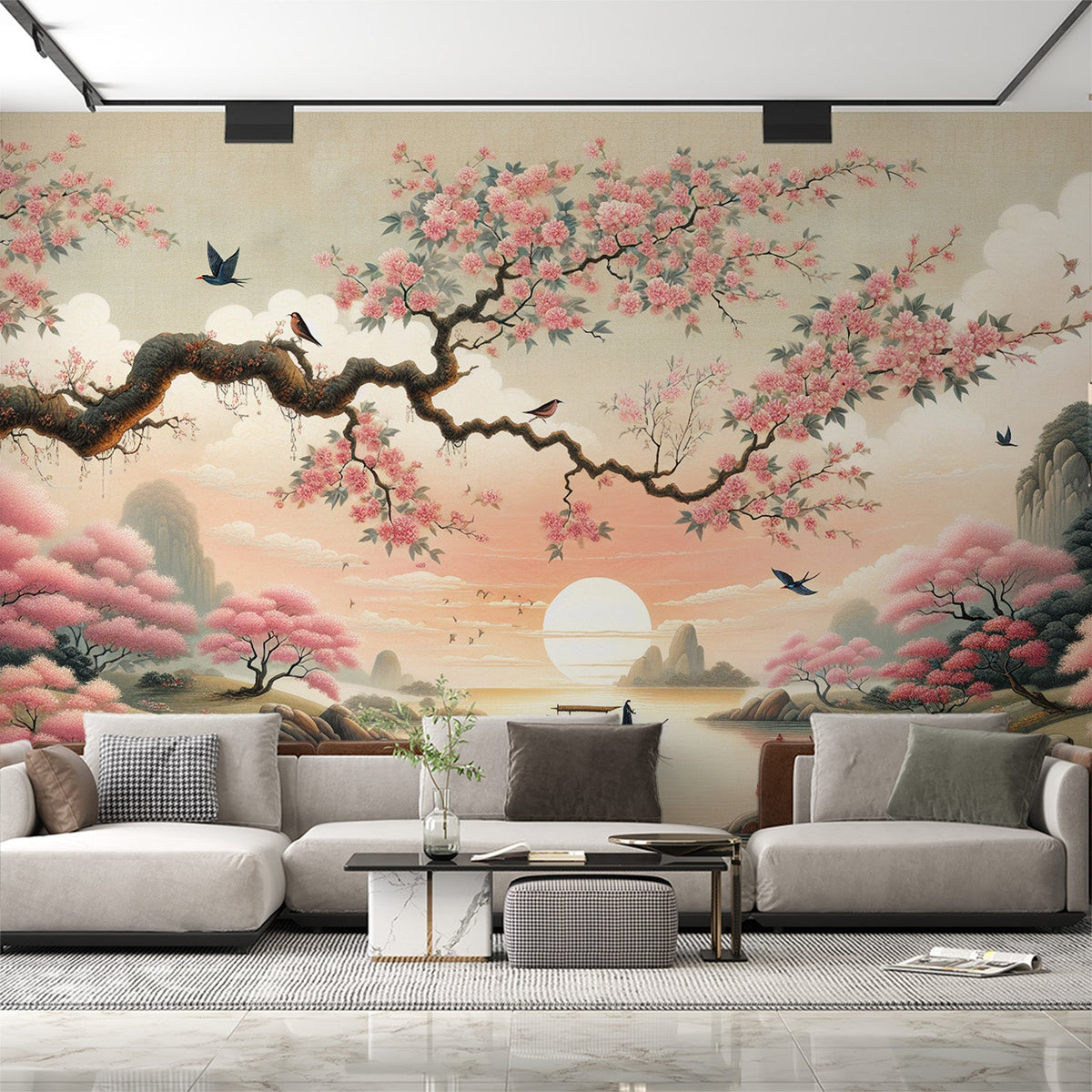 Papier peint japonais cerisier lac et carpe koï