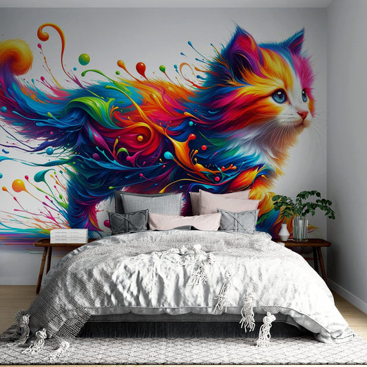 Papier peint chaton explosion de peinture colorée