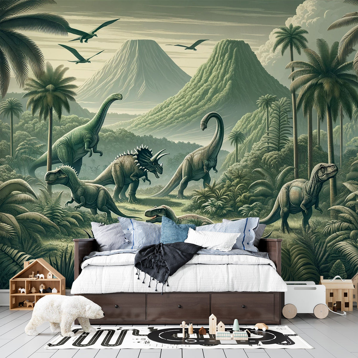 Papier peint dinosaure paysage réaliste vert