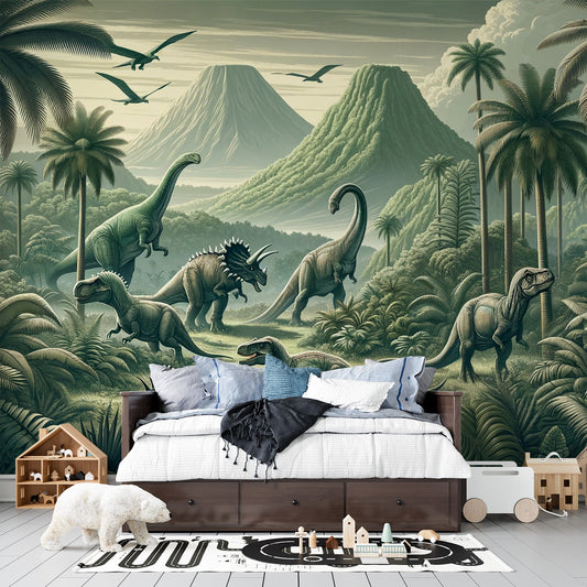 Papier peint dinosaure paysage réaliste vert