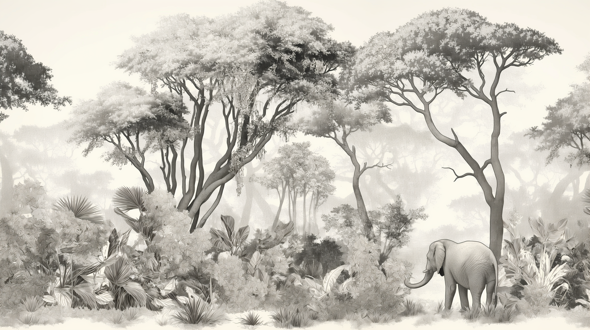 Papier peint éléphant forêt noir et blanc