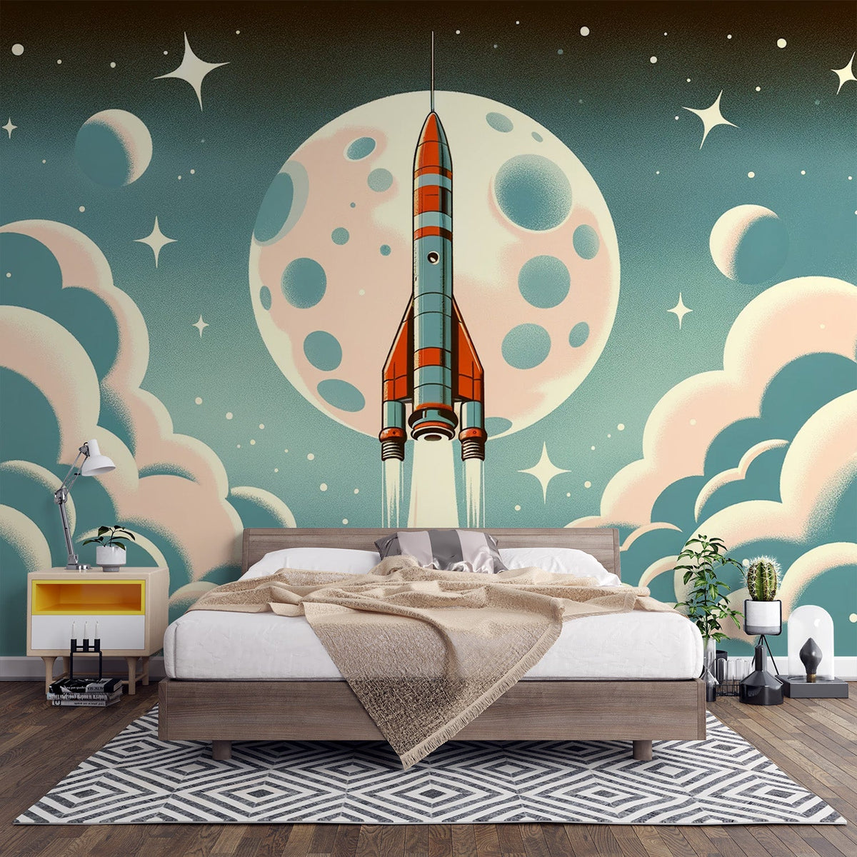 Papier peint espace fusée vers la lune