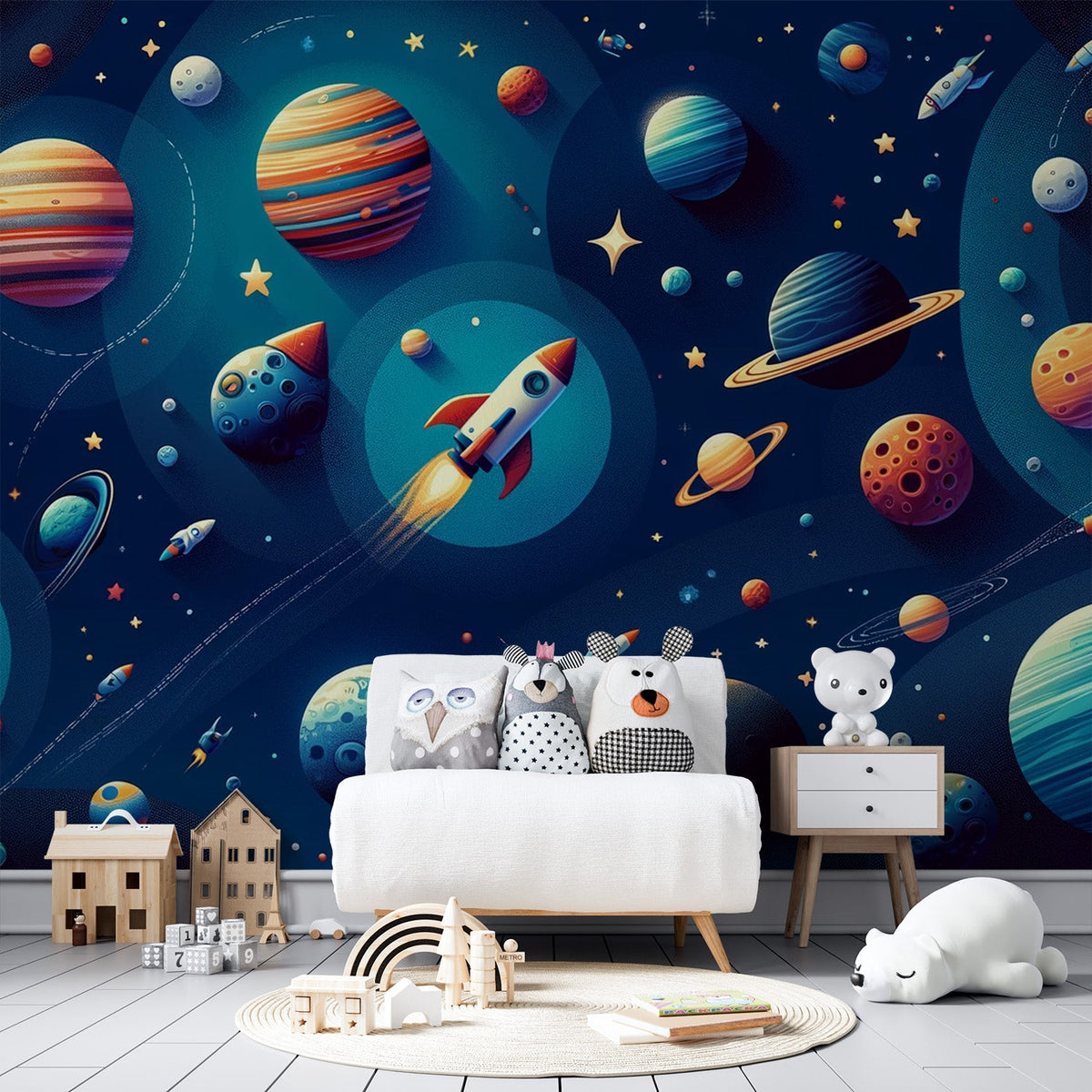 Papier peint espace planète et fusée enfant