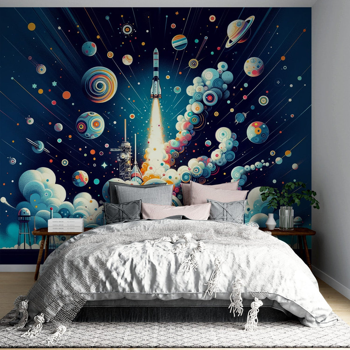 Papier peint espace fusée géométrique