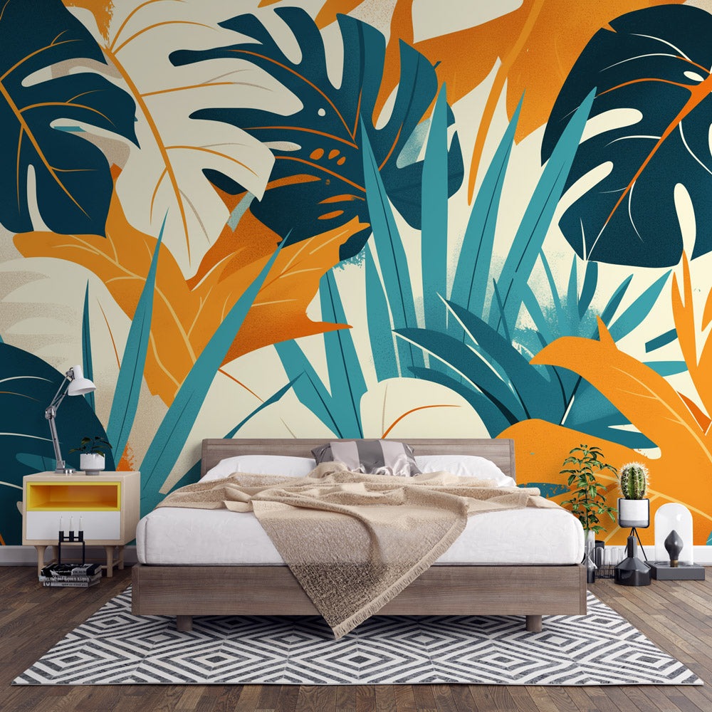 Papier peint feuillage pop art monstera et palmier
