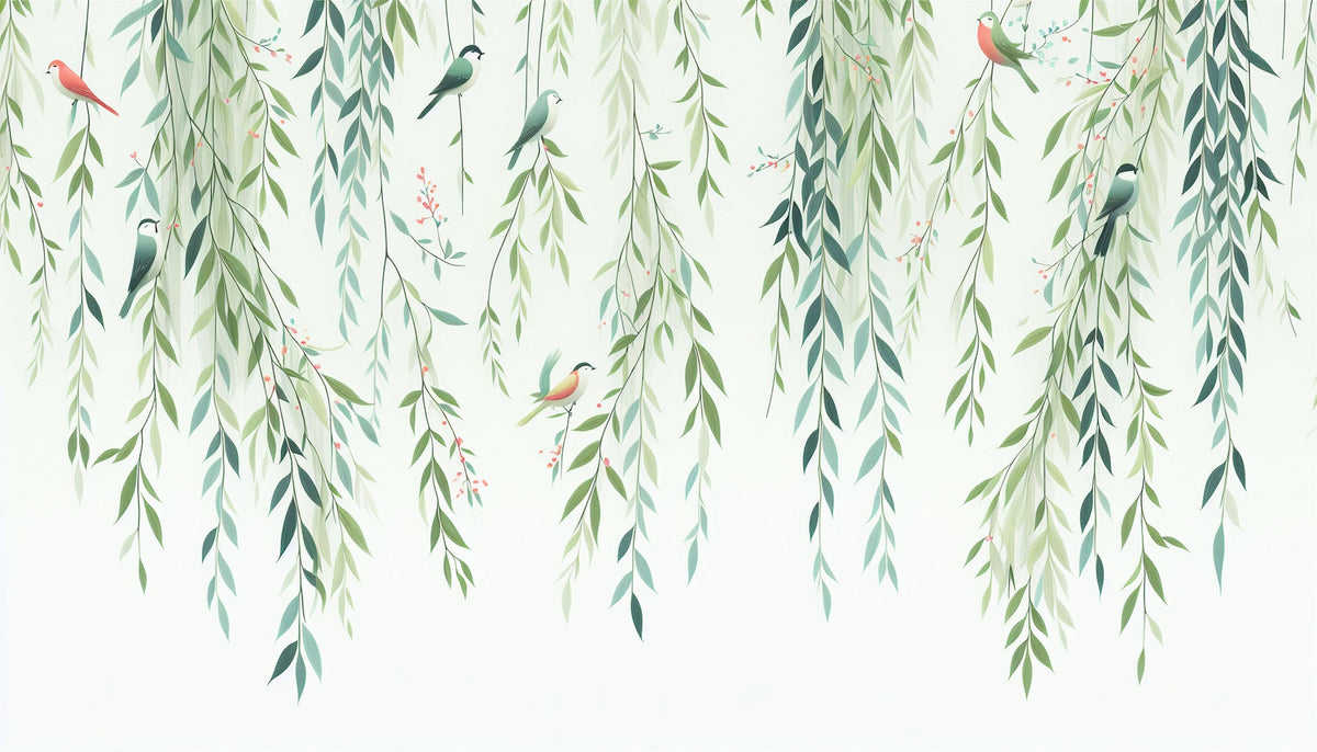 Papier peint feuillage oiseaux et feuilles tombantes