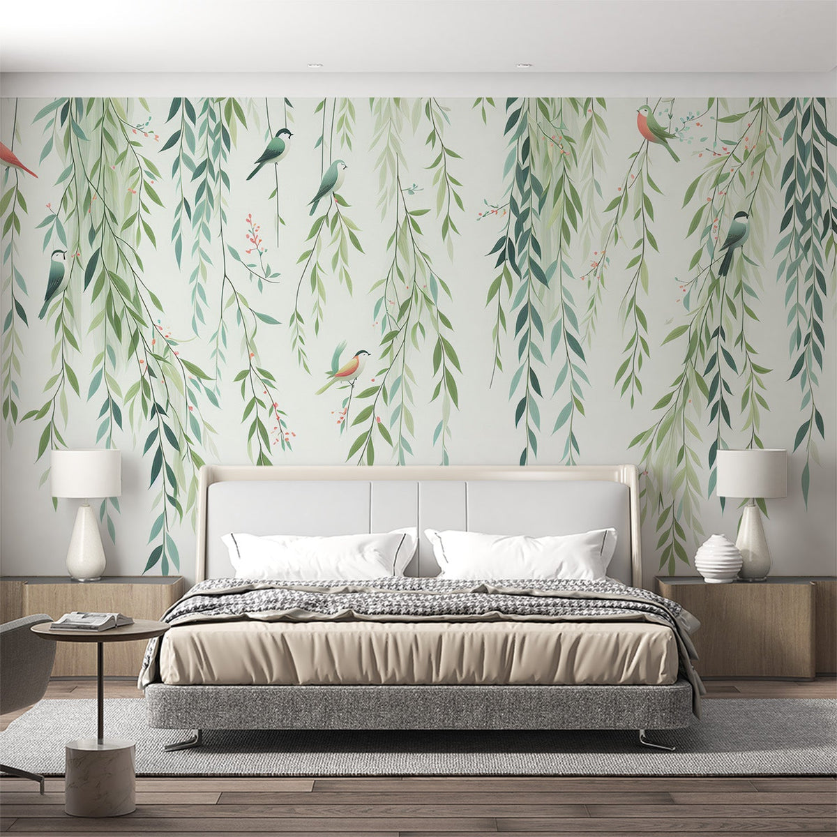 Papier peint feuillage oiseaux et feuilles tombantes