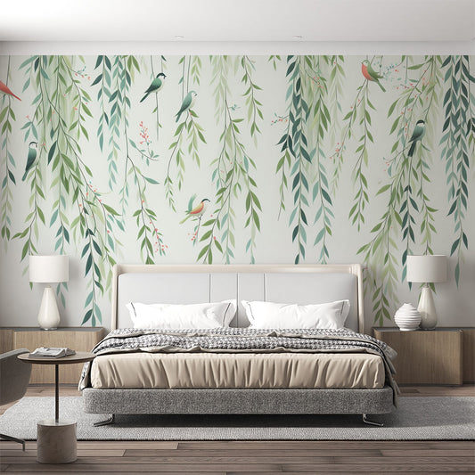 Papier peint feuillage oiseaux et feuilles tombantes