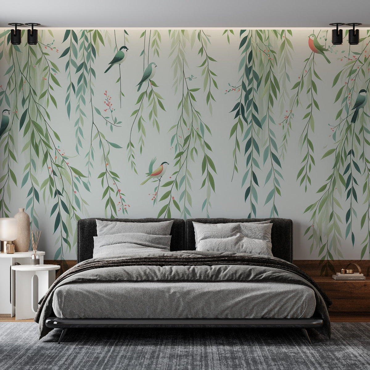 Papier peint feuillage oiseaux et feuilles tombantes