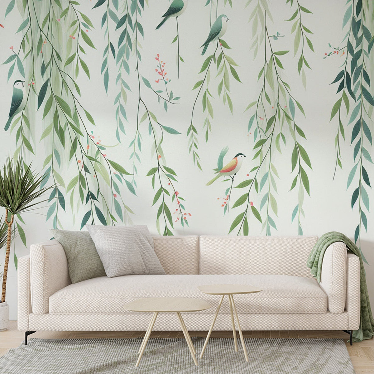 Papier peint feuillage oiseaux et feuilles tombantes