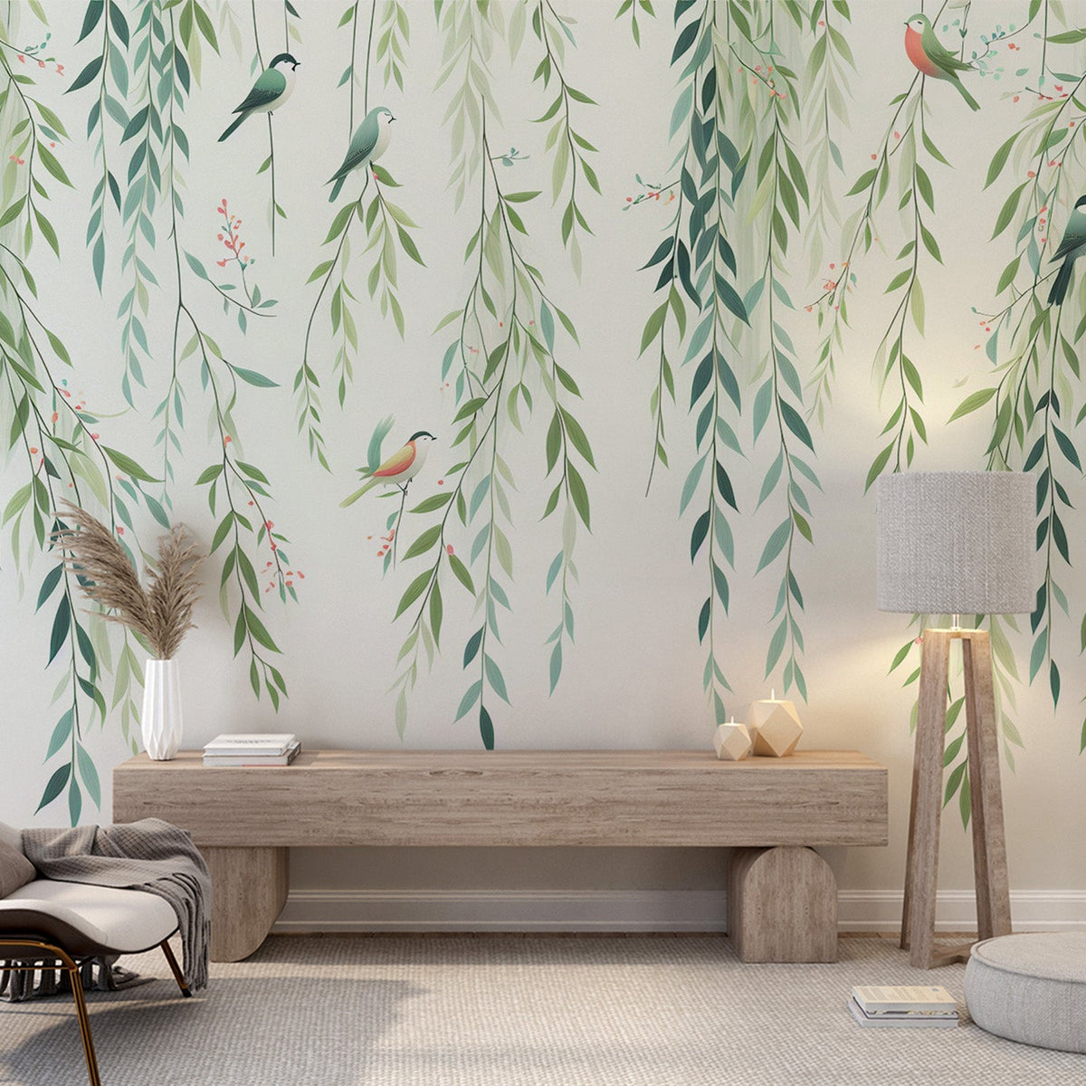 Papier peint feuillage oiseaux et feuilles tombantes