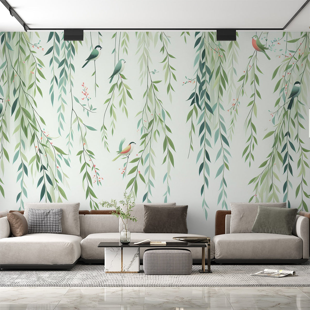 Papier peint feuillage oiseaux et feuilles tombantes