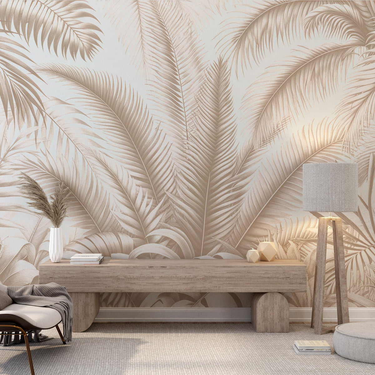 Papier peint feuillage beige jungle de feuilles