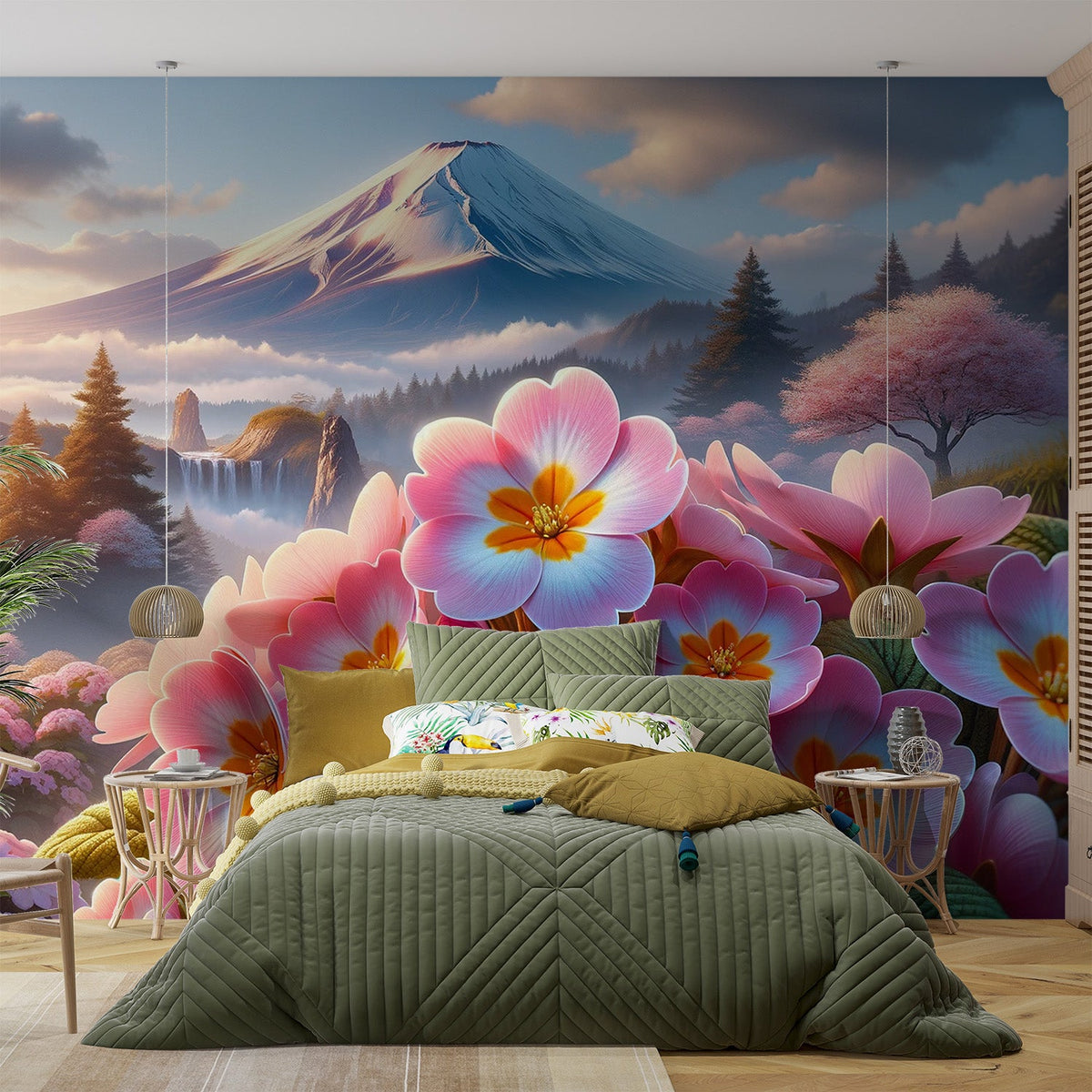 Papier peint japonais fleurs cascades et mont Fuji