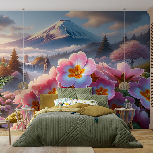 Papier peint japonais fleurs cascades et mont Fuji
