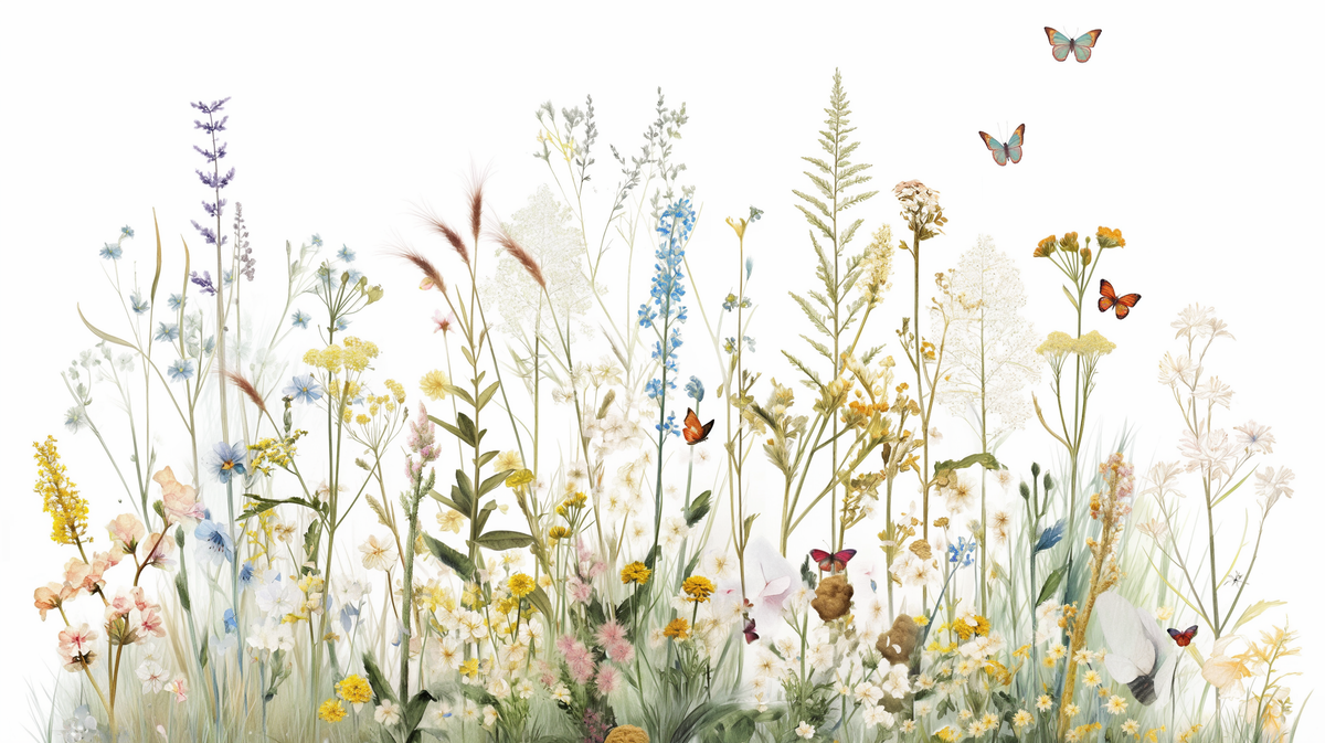Papier peint fleurs sauvages et papillons