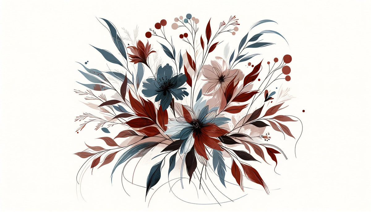 Papier peint floral feuillages et pétales rouges