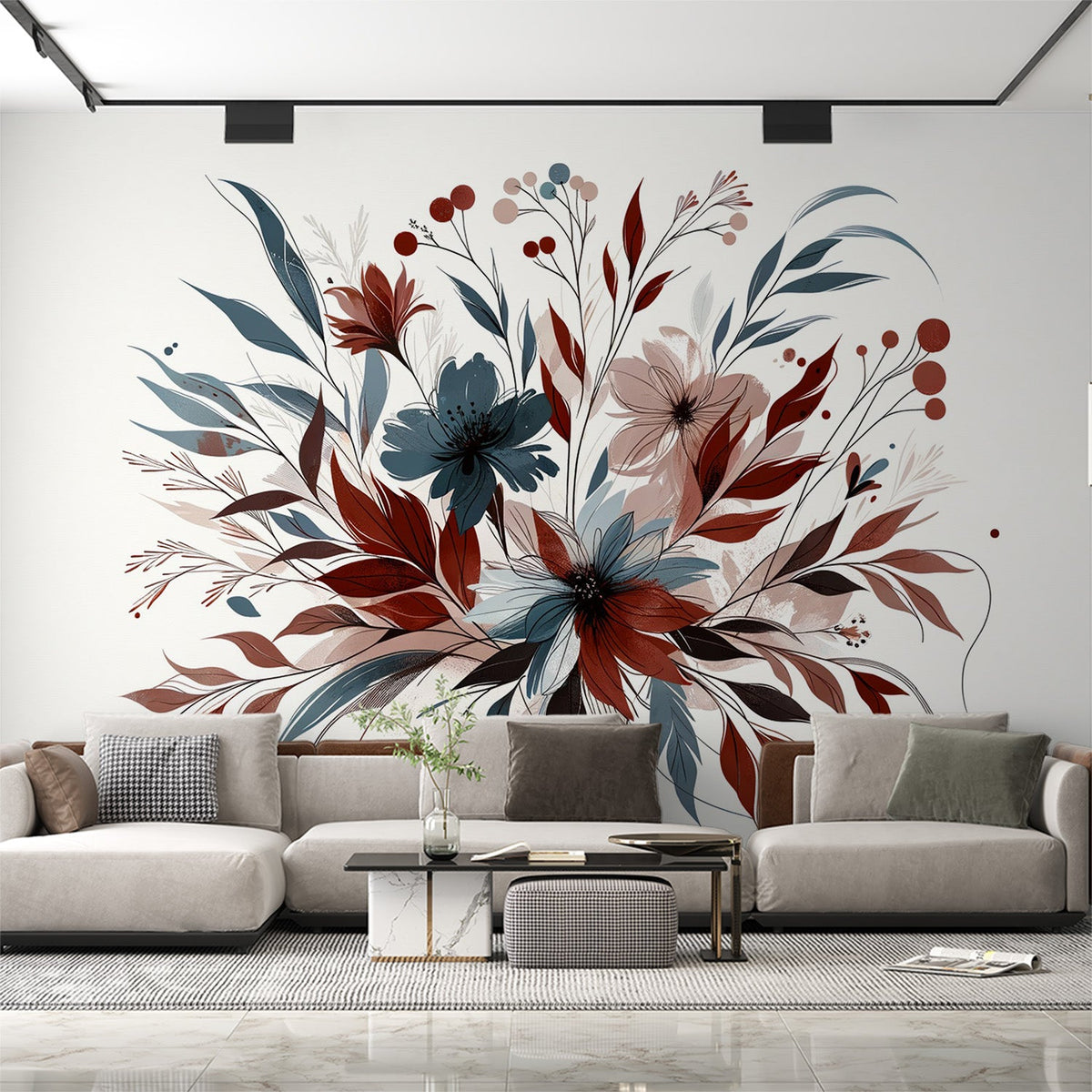 Papier peint floral feuillages et pétales rouges