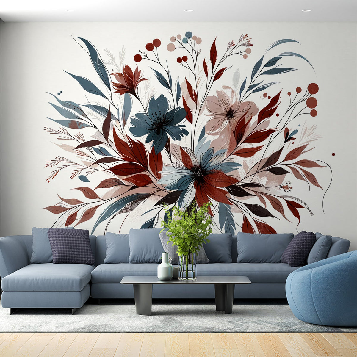 Papier peint floral feuillages et pétales rouges