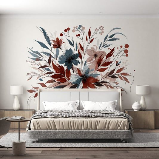 Papier peint floral feuillages et pétales rouges