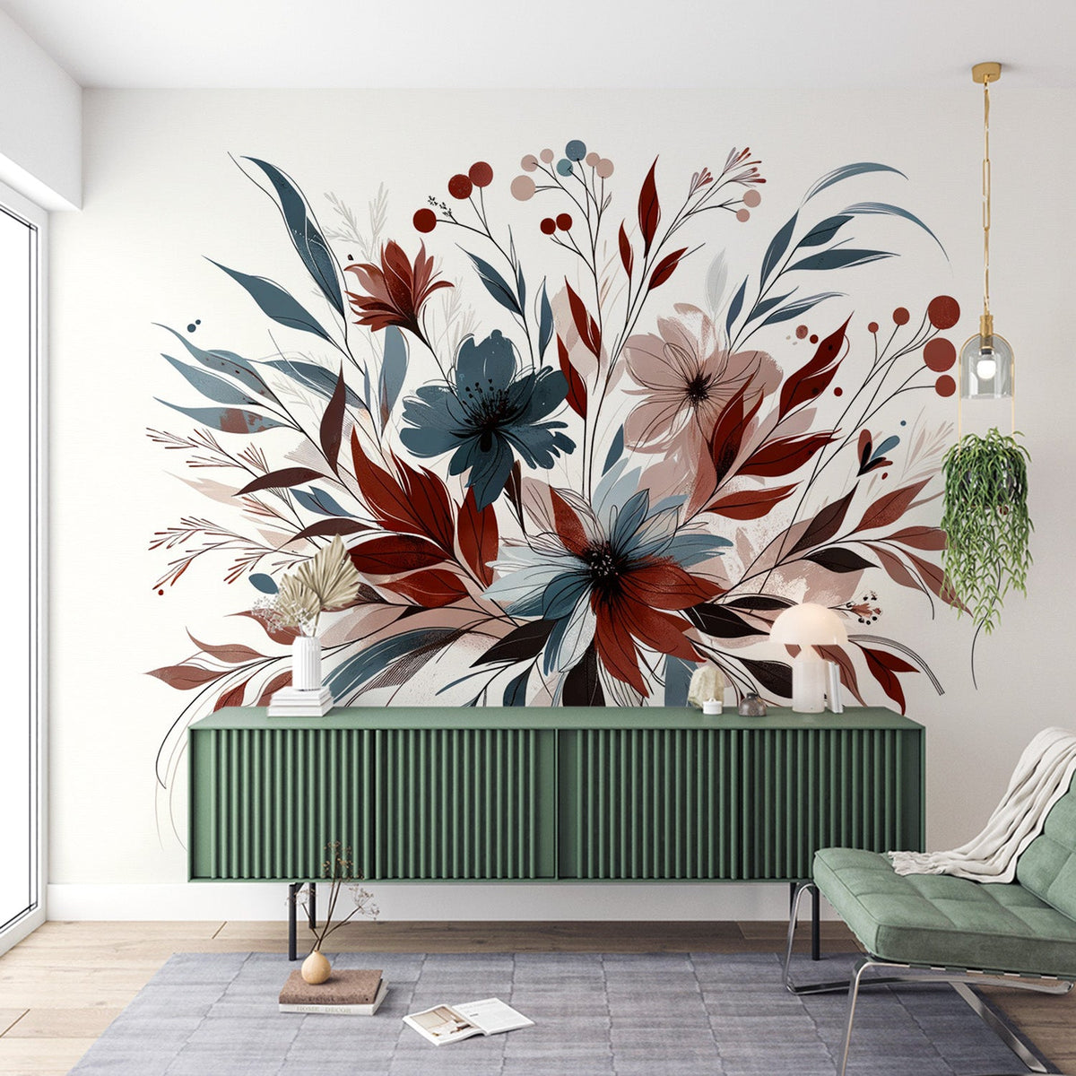 Papier peint floral feuillages et pétales rouges