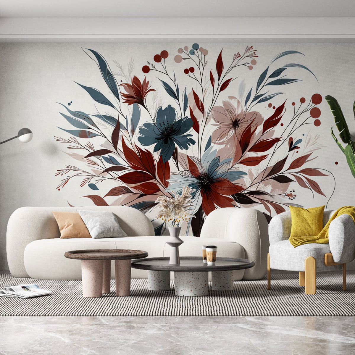 Papier peint floral feuillages et pétales rouges