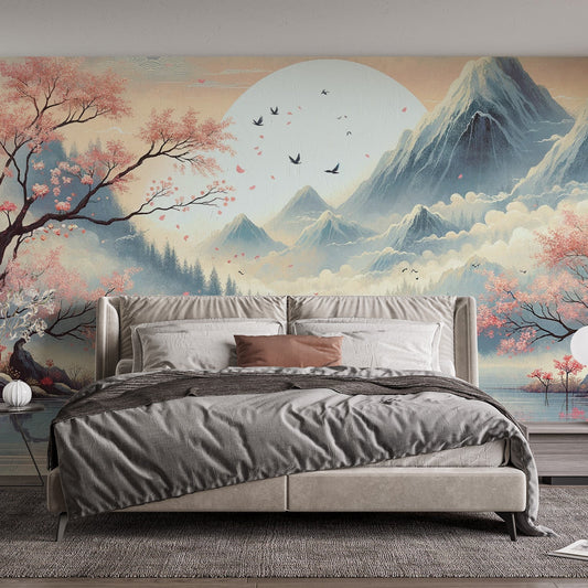 Papier peint japonais lac et cerisiers roses