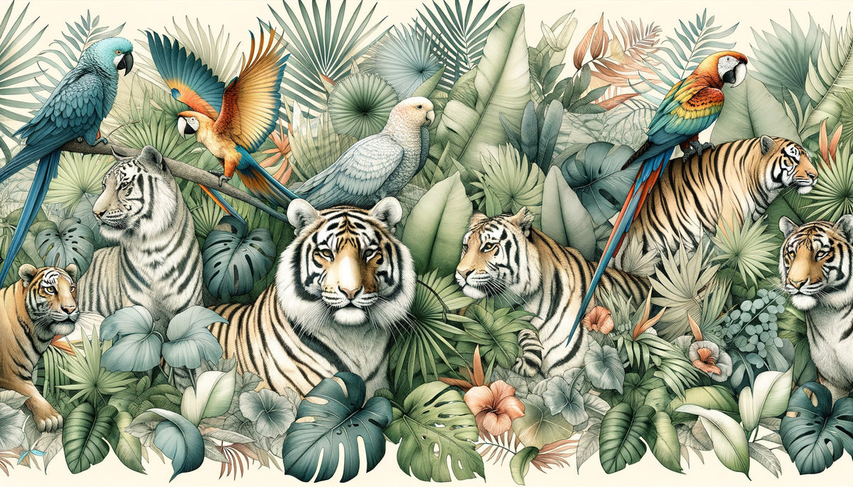 Papier peint jungle tigres et perroquets