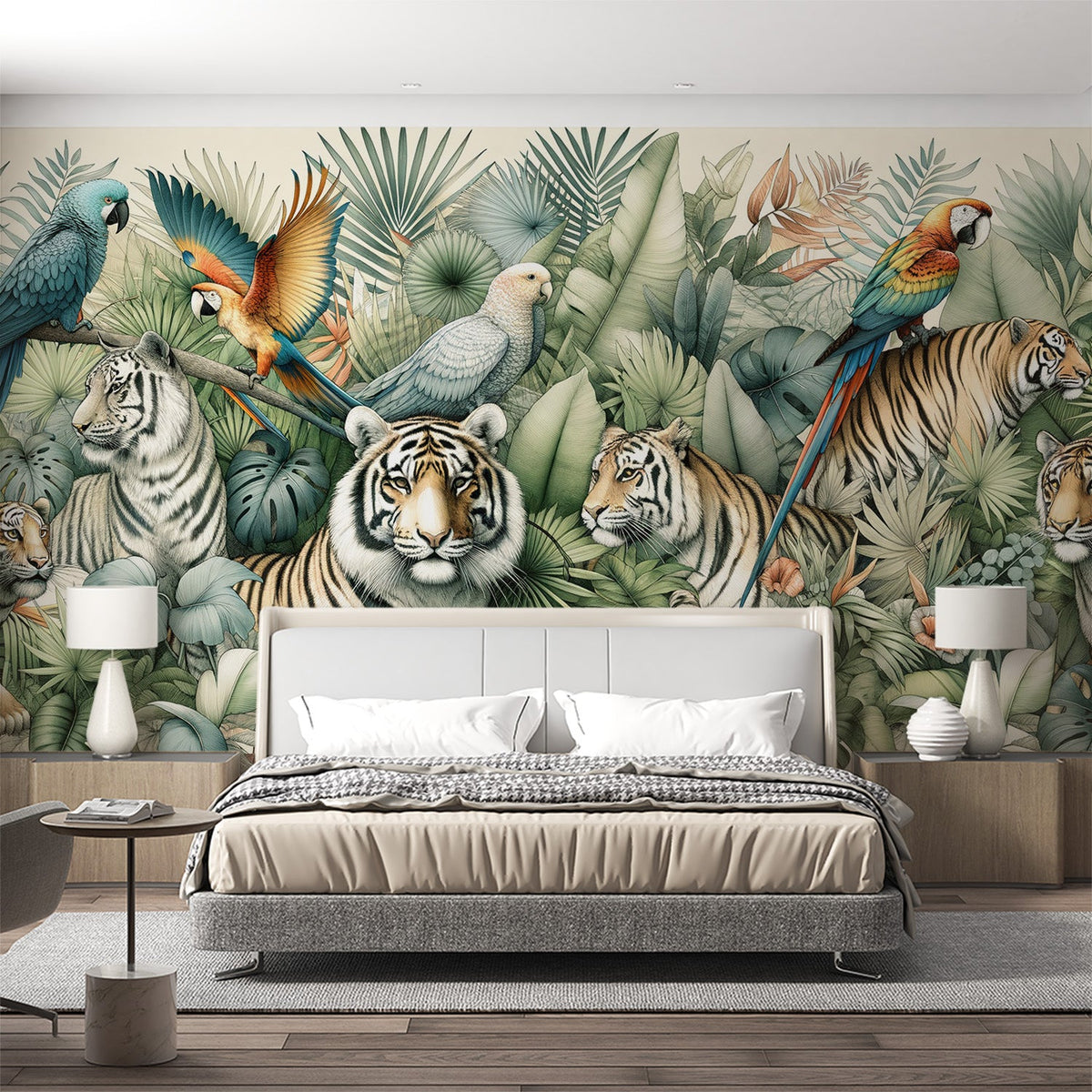 Papier peint jungle tigres et perroquets