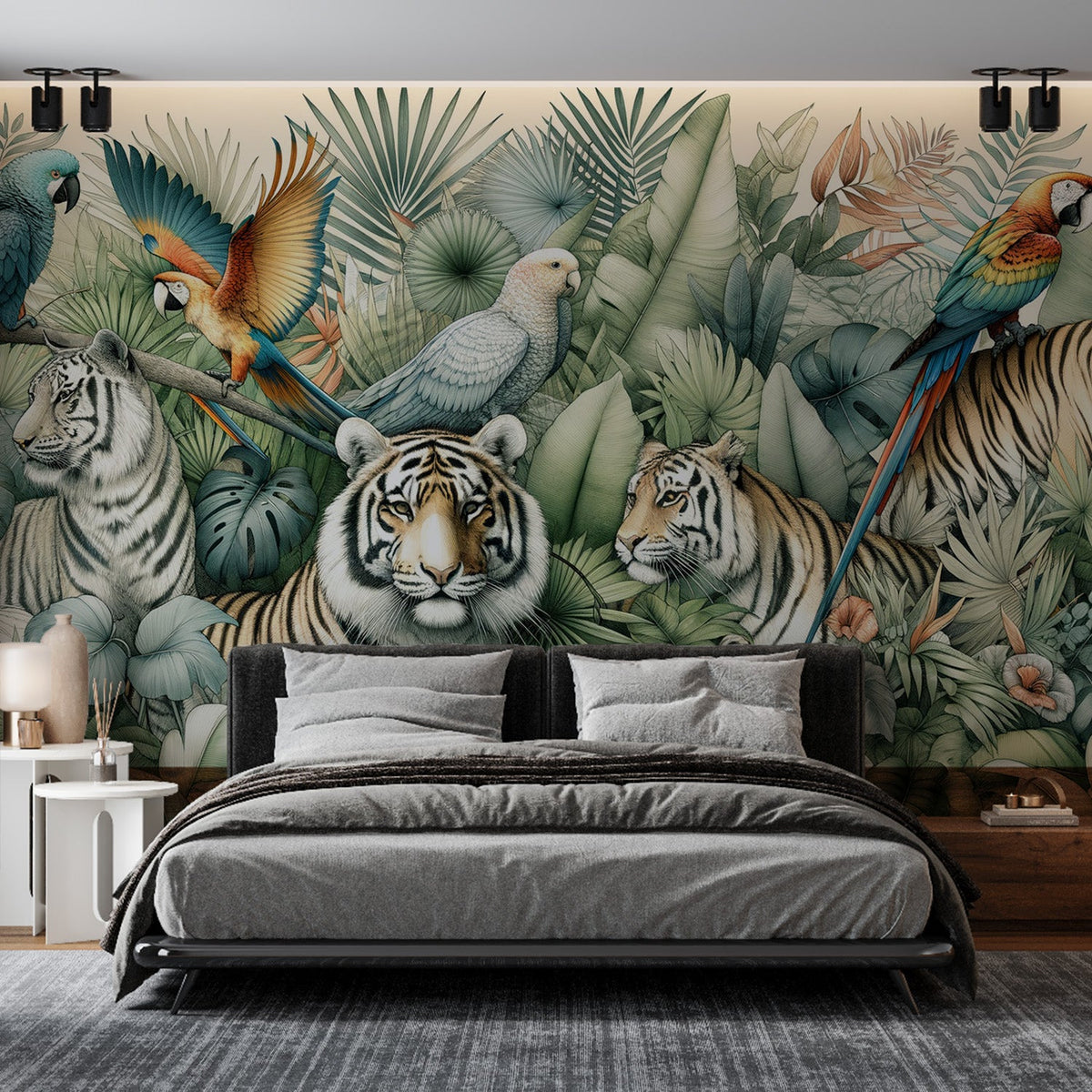 Papier peint jungle tigres et perroquets