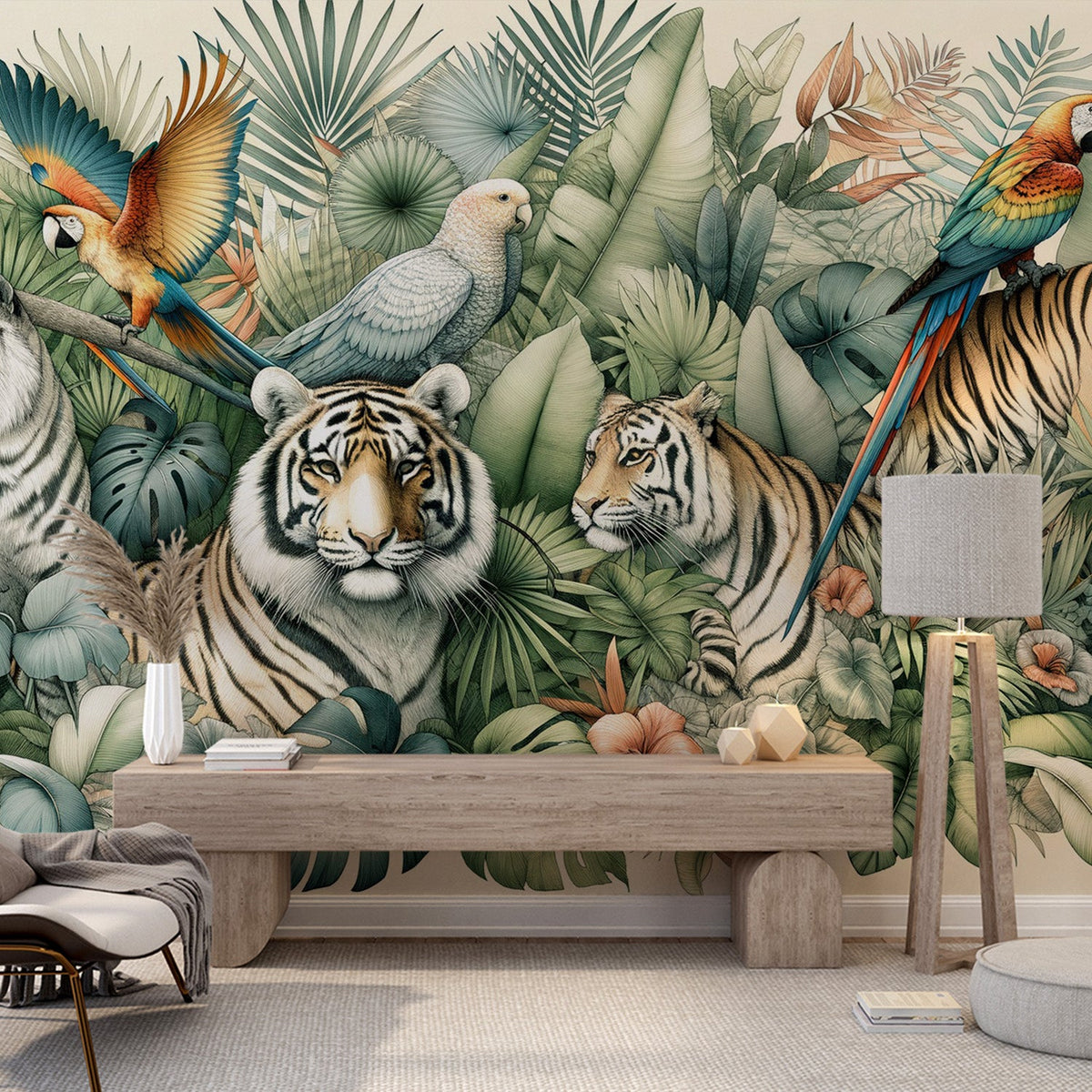 Papier peint jungle tigres et perroquets