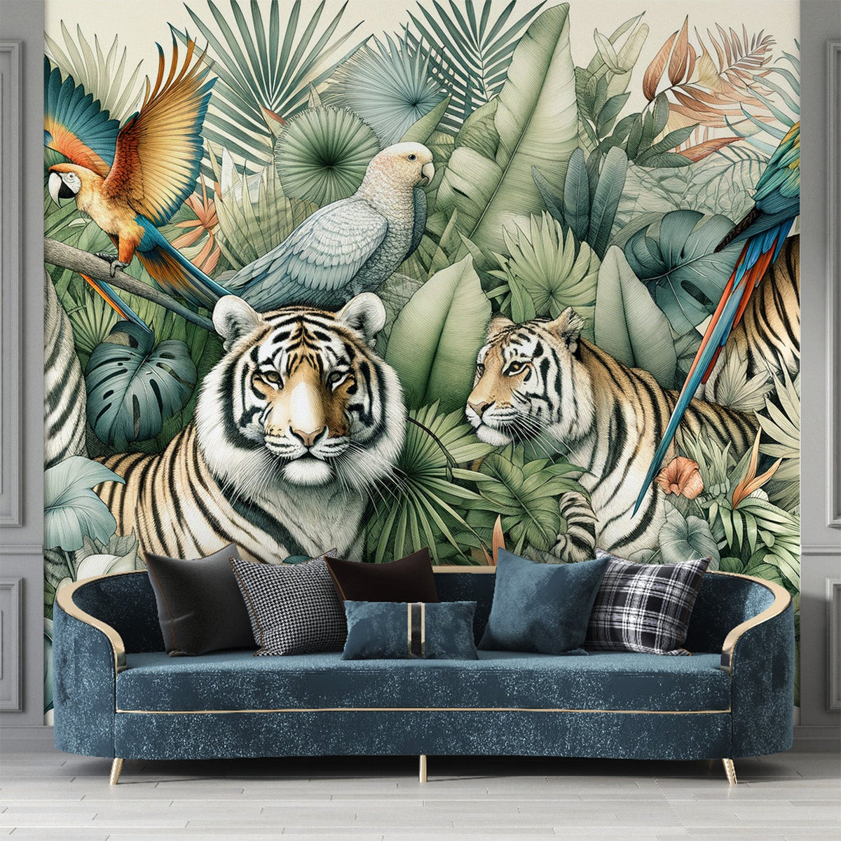 Papier peint jungle tigres et perroquets