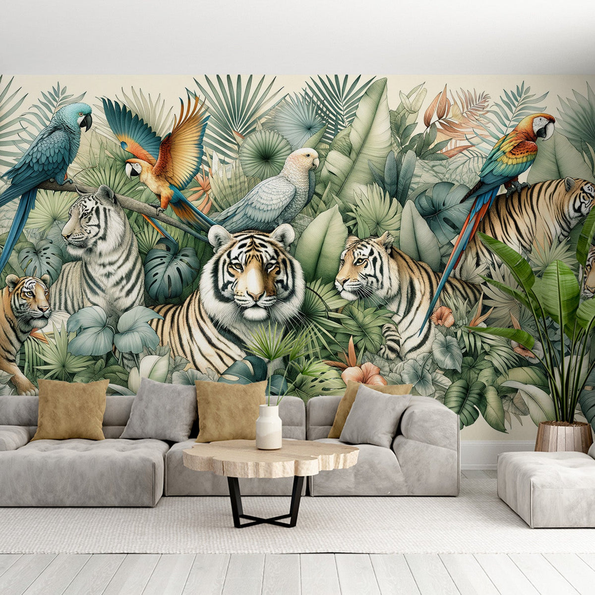 Papier peint jungle tigres et perroquets