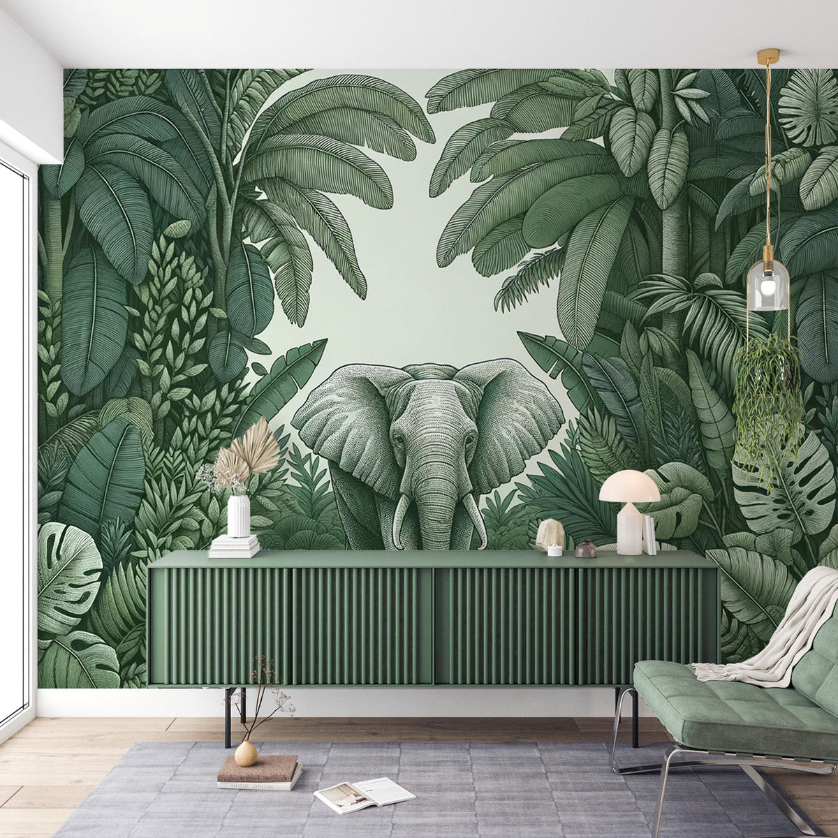 Papier peint jungle verte et éléphant