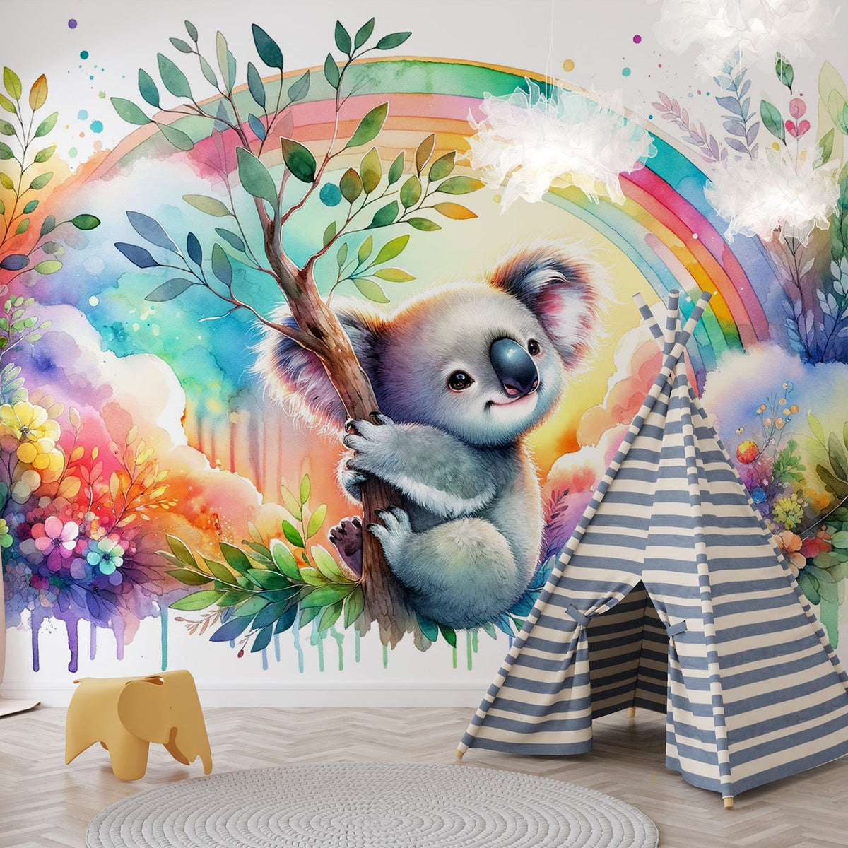 Papier peint koala aquarelle arc-en-ciel