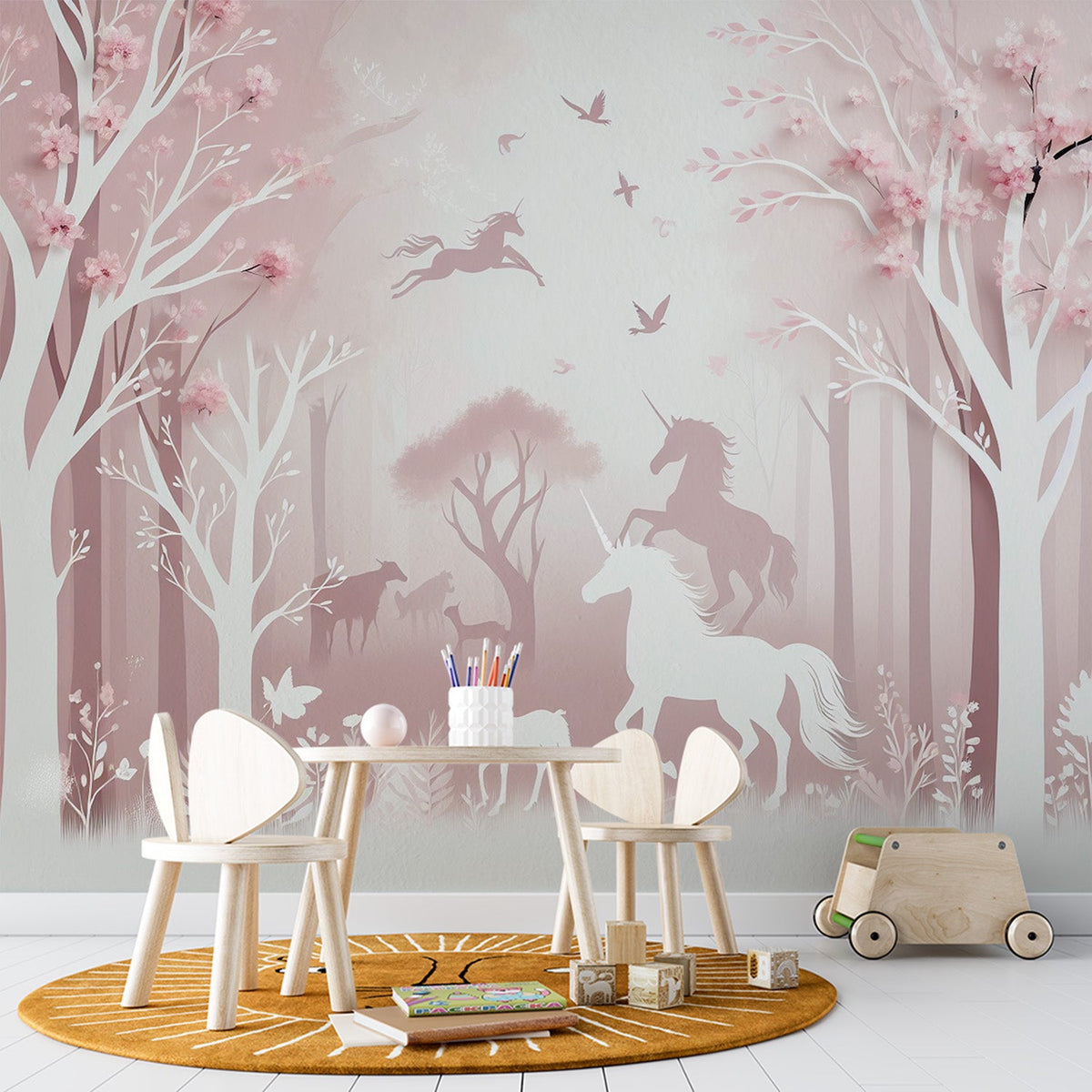 Papier peint licorne forêt rose