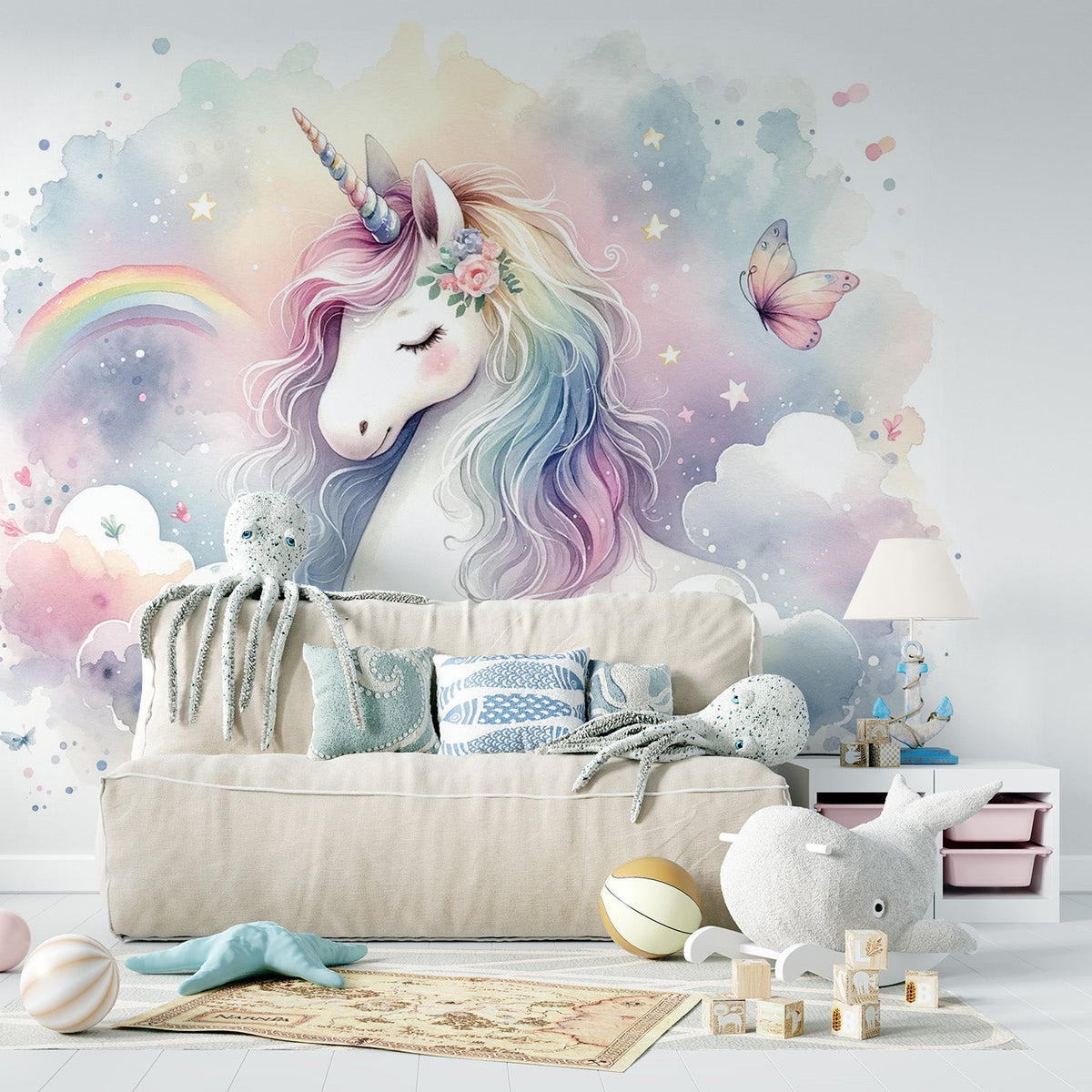 Papier peint licorne aquarelle et arc-en-ciel